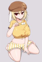 Rule 34 | 1girl, animal ears, bare legs, barefoot, belly, blonde hair, blush, breasts, rabbit ears, cabbie hat, crop top, dango, eating, covered erect nipples, fat rolls, floppy ears, food, hat, highres, huge breasts, looking at viewer, plump, red eyes, ringo (touhou), sawati, shirt, short hair, short shorts, shorts, sitting, solo, t-shirt, thighs, touhou, wagashi, wariza