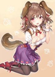 Rule 34 | 1girl, :o, animal ears, bell, black pantyhose, bow, breasts, brown background, brown hair, buttons, cleavage, collar, commentary request, dated, detached collar, dog ears, dog tail, dress, fang, food print, full body, gradient background, hair ribbon, hands up, high heels, highres, jingle bell, kneeling, leaning forward, long hair, looking at viewer, medium breasts, momoko (momopoco), neck ribbon, original, pantyhose, paw pose, paw print, paw print background, puffy short sleeves, puffy sleeves, purple dress, red bow, red eyes, red footwear, red ribbon, ribbon, short sleeves, signature, simple background, solo, strawberry print, striped, tail, underbust, vertical stripes, wristband