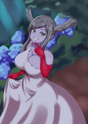 Rule 34 | 1girl, blurry, blurry background, breasts, cleavage, colored skin, commentary, dress, elbow gloves, english commentary, fang, finger to mouth, gloves, green eyes, grey hair, grey skin, grin, highres, large breasts, long hair, looking at viewer, nav (itsnav), outdoors, pointy ears, pop&#039;n music, red gloves, roki (pop&#039;n music), skirt hold, smile, solo, teeth