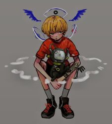 Rule 34 | 1boy, arm tattoo, black footwear, blonde hair, blunt bangs, candy, commentary, creature, drawn wings, earrings, food, full body, grey background, grey eyes, grey socks, jewelry, lollipop, looking at viewer, mouth hold, original, oshio (shioqqq), own hands together, red shirt, ribbed socks, shirt, shoes, short hair, short sleeves, shorts, simple background, sitting, socks, solo, symbol-only commentary, t-shirt, tattoo