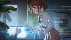 Rule 34 | akizuki ritsuko, alternate hairstyle, book, book stack, brown eyes, brown hair, calendar (object), cup, earrings, game cg, glasses, idolmaster, idolmaster million live!, idolmaster million live! theater days, jewelry, official art, open mouth, ponytail, screen light, window blinds
