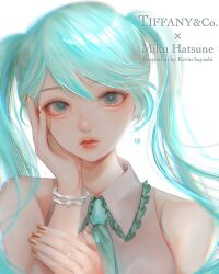 Rule 34 | 1girl, artist name, blue eyes, blue hair, blue necktie, brown nails, character name, collared shirt, commentary, earrings, expressionless, grey shirt, hair between eyes, hand on own arm, hand on own cheek, hand on own face, hatsune miku, head tilt, highres, jewelry, kevin bayashi, long hair, looking at viewer, miku day, necklace, necktie, parted lips, portrait, ring, shirt, solo, straight-on, symbol-only commentary, twintails, vocaloid, white background