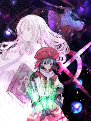 Rule 34 | .hack//, .hack//games, 1boy, 1girl, absurdres, aura (.hack//), book, brown gloves, capelet, dot nose, elbow gloves, expressionless, gloves, green eyes, green hair, grey eyes, hat, highres, honeycomb (pattern), infinity symbol, kite (.hack//), legs apart, long hair, looking at viewer, looking to the side, red headwear, ruhuna 02, skeith (.hack//), standing, white capelet, white hair