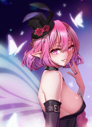 Rule 34 | 1girl, bare shoulders, black choker, black feathers, black hat, black sleeves, breasts, bug, butterfly, choker, detached sleeves, elf, feathers, flower, hair between eyes, hand up, hat, hat feather, hat flower, highres, insect, jewelry, large breasts, lucid (maplestory), maplestory, mini hat, mini top hat, nazo kitsune, orange lips, pink eyes, pink hair, pink pupils, pointy ears, red flower, red rose, ring, rose, short hair, sideboob, smile, solo, strapless, top hat, wings