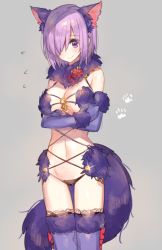 Rule 34 | 1girl, animal costume, animal ears, bad id, bad pixiv id, blush, breast hold, breasts, chocoan, crossed arms, elbow gloves, fate/grand order, fate (series), flying sweatdrops, fur-trimmed gloves, fur trim, gloves, grey background, hair over one eye, halloween costume, large breasts, looking at viewer, mash kyrielight, mash kyrielight (dangerous beast), navel, o-ring, o-ring top, official alternate costume, purple eyes, purple gloves, purple hair, purple thighhighs, short hair, smile, solo, tail, thigh gap, thighhighs, wolf ears, wolf tail