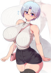 Rule 34 | 1girl, bag, bare arms, bare shoulders, between breasts, black shorts, blue hair, blush, breasts, cowboy shot, flying sweatdrops, glasses, handbag, high-waist shorts, highres, huge breasts, impossible clothes, light blue hair, looking at viewer, original, parted bangs, ponponmaru, purple eyes, ribbed sweater, shorts, simple background, skindentation, sleeveless, sleeveless sweater, smile, solo, strap between breasts, sweater, thighhighs, white background