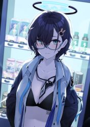 Rule 34 | 1girl, black hair, blue archive, blue necktie, blush, breasts, chihiro (blue archive), ddangbi, glasses, green eyes, hair between eyes, hair ornament, halo, highres, id card, jacket, large breasts, long sleeves, looking at viewer, navel, necktie, open clothes, rabbit hair ornament, semi-rimless eyewear, shirt, short hair, solo, vending machine, white shirt