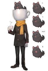 Rule 34 | 1other, :p, black footwear, black jacket, black pants, clenched hands, cup, dog, dress shoes, expressions, full body, gloves, highres, holding, holding cup, jacket, lack, object head, open mouth, original, pants, red sleeves, scarf, simple background, solo, standing, steam, teacup, tongue, tongue out, v-shaped eyes, white background, white gloves, yellow scarf