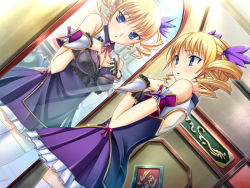 Rule 34 | 2girls, bare shoulders, blonde hair, blue eyes, blush, bow, breasts, character request, cleavage, different reflection, hair ornament, koihime musou, mirror, multiple girls, open mouth, reflection, ribbon, short hair, sousou (koihime musou), thighhighs, twintails