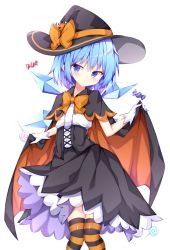 Rule 34 | 1girl, alternate costume, black cape, black dress, blue eyes, blue hair, bow, candy, cape, cape lift, cirno, dress, food, halloween, halloween costume, hat, highres, ice, ice wings, legs together, lifting own clothes, lollipop, orange bow, orange cape, pumpkin, sabana, short hair, simple background, solo, striped clothes, striped thighhighs, swirl lollipop, thighhighs, thighs, touhou, white background, wings, witch hat