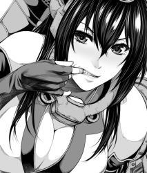 Rule 34 | 10s, 1girl, bad id, bad nicoseiga id, bare shoulders, breasts, cleavage, female focus, finger in own mouth, fingerless gloves, gloves, greyscale, hair between eyes, kantai collection, large breasts, long hair, looking at viewer, monochrome, mouth pull, nagato (kancolle), solo, zucchini
