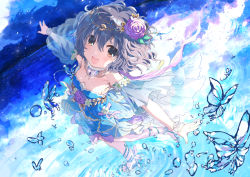 Rule 34 | 1girl, :d, armpits, bad id, bad pixiv id, blue dress, blurry, blush, bracelet, bug, butterfly, depth of field, detached sleeves, dot nose, dress, flat chest, flower, from above, grey hair, hair flower, hair ornament, head wreath, idolmaster, idolmaster cinderella girls, insect, jewelry, laurels, layered dress, leg up, looking at viewer, narumiya yume, necklace, night, night sky, open mouth, outstretched arms, purple flower, purple ribbon, purple rose, ribbon, rose, sandals, short hair, sky, sleeveless, sleeveless dress, smile, social kasu (mob oji katu), solo, walking, walking on liquid, water, water drop, wavy hair, wide sleeves, yellow eyes