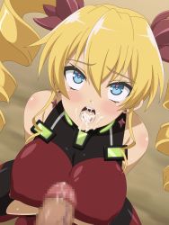 Rule 34 | 10s, 1girl, after fellatio, bare arms, bare shoulders, blonde hair, blue eyes, blush, bodysuit, breasts, censored, claire harvey, covered erect nipples, cum, cum in mouth, drill hair, earrings, facial, heart, heart-shaped pupils, highres, hundred (light novel), impossible clothes, jewelry, large breasts, legs, long hair, looking at viewer, miyamaya, mosaic censoring, open mouth, penis, sleeveless, solo focus, squatting, sweat, symbol-shaped pupils, thighs, twintails