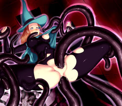 Rule 34 | 1girl, anal, blush, breasts, brown hair, censored, cum, hat, melusine (series), melusine anoukian, multiple penetration, potion, purple eyes, rape, sawao, solo, surprised, tears, tentacles, triple penetration, witch, witch hat