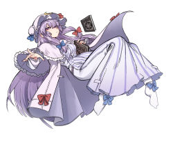 Rule 34 | 1girl, blue bow, blue ribbon, book, bow, closed mouth, crescent, crescent hat ornament, dress, fingernails, full body, hair bow, hat, hat ornament, hat ribbon, highres, long hair, long sleeves, mob cap, nyong nyong, patchouli knowledge, purple dress, purple eyes, purple hair, red bow, red ribbon, ribbon, simple background, socks, solo, striped clothes, striped dress, touhou, vertical-striped clothes, vertical-striped dress, white background, white hat, white socks