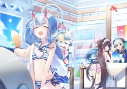 Rule 34 | 4girls, :d, ^ ^, bikini, blue archive, blue bikini, blue halo, blue sky, bottle, breasts, brown eyes, brown hair, chise (blue archive), chise (swimsuit) (blue archive), closed eyes, cloud, day, ddangbi, fox girl, fox tail, halo, highres, horns, indoors, izuna (blue archive), izuna (swimsuit) (blue archive), long hair, looking at another, maid headdress, multiple girls, navel, official alternate costume, oni, open mouth, pink halo, purple eyes, red horns, shizuko (blue archive), shizuko (swimsuit) (blue archive), sky, small breasts, smile, striped bikini, striped clothes, summer, swimsuit, tail, umika (blue archive), very long hair
