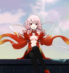 Rule 34 | 10s, 1girl, bad id, bad pixiv id, bare shoulders, black legwear, breasts, cat&#039;s cradle, center opening, cleavage, detached sleeves, elbow gloves, fingerless gloves, gloves, guilty crown, hair ornament, hairclip, hane m1mmmo, looking at viewer, pink hair, red eyes, smile, solo, twintails, yuzuriha inori
