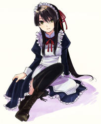 Rule 34 | 10s, 1boy, alternate costume, apron, black hair, black thighhighs, boots, cross-laced footwear, crossdressing, dress, drifters, enmaided, full body, lace-up boots, long hair, maid, maid apron, maid headdress, male focus, nasu no yoichi, ponytail, satoko (papapa sikakici), simple background, smile, solo, thighhighs, trap, white background