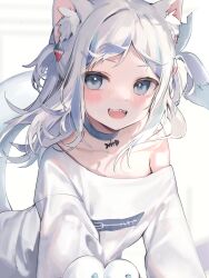 Rule 34 | 1girl, alternate costume, ame929, animal ear fluff, animal ears, bare shoulders, blue choker, blue eyes, blue hair, blush, cat ears, cat girl, choker, commentary request, fins, fish tail, gawr gura, grey hair, hair ornament, highres, hololive, hololive english, long hair, long sleeves, looking at viewer, messy hair, multicolored hair, open mouth, shark girl, shark hair ornament, shark tail, sharp teeth, shirt, simple background, single bare shoulder, solo, streaked hair, tail, teeth, two-tone hair, two side up, upper teeth only, virtual youtuber, white background, white shirt