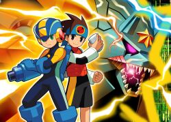 Rule 34 | 2boys, absurdres, archived source, arm cannon, artist request, black shorts, blue bodysuit, blue headband, bodysuit, brown eyes, clenched hand, closed mouth, digital rain, electricity, fangs, glowing, glowing eye, green eyes, gregar (mega man), hand on own arm, headband, helmet, highres, holding, lan hikari (mega man), long sleeves, looking at viewer, male focus, mega man (series), mega man battle network (series), mega man battle network 6, megaman.exe, multiple boys, netnavi, official art, open mouth, orange vest, personal terminal, powering up, robot, serious, sharp teeth, shirt, short hair, shorts, spiked hair, standing, teeth, vest, weapon, white shirt
