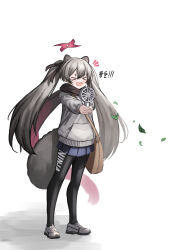 Rule 34 | 1girl, :3, :d, absurdres, alternate costume, animal ear fluff, animal ears, blue archive, brown eyes, casual, closed eyes, eyeshadow, full body, gradient hair, grey background, grey hair, hair between eyes, halo, hand fan, happy, highres, hood, hooded sweater, kimsuwan2013, kuji-in, long hair, long sleeves, looking at viewer, makeup, michiru (blue archive), multicolored hair, open mouth, pleated skirt, raccoon ears, raccoon girl, raccoon hair ornament, raccoon tail, red eyeshadow, shorts, sidelocks, simple background, skirt, smile, solo, sweater, tail, thick eyebrows, twintails, white sweater