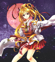 Rule 34 | 1girl, absurdres, blonde hair, bow, chess piece, closed mouth, cropped legs, cross, earrings, full moon, ginnan, gloves, hair bow, hair intakes, highres, holding, jewelry, kaitou jeanne, kamikaze kaitou jeanne, knight (chess), kusakabe maron, long hair, looking at viewer, magical girl, moon, pleated skirt, ponytail, red bow, red eyes, red moon, red skirt, skirt, smile, solo, white gloves