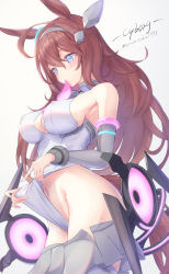 Rule 34 | 1girl, absurdres, ahoge, animal ears, armlet, bad id, bad pixiv id, bare shoulders, blue eyes, breasts, brown hair, cleavage, cleavage cutout, clothes pull, clothing cutout, covered erect nipples, cowboy shot, detached sleeves, frontal wedgie, glowing, grey hairband, grey leotard, grey skirt, hairband, highres, hip bones, horse ears, horse girl, horse tail, large breasts, leotard, leotard lift, lifting own clothes, long hair, long sleeves, looking down, mihono bourbon (umamusume), miniskirt, mouth hold, navel, necktie, pink necktie, pleated skirt, shirousagi (sirousagi1998), simple background, skirt, skirt pull, solo, tail, twitter username, umamusume, very long hair, wedgie, white background