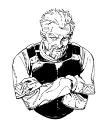 Rule 34 | 1boy, armor, askeladd, beard, breastplate, crossed arms, facial hair, greyscale, long sleeves, looking at viewer, male focus, manly, monochrome, old, old man, ruukii drift, short hair, simple background, solo, upper body, vinland saga, weibo watermark, white background