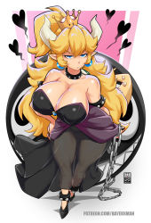 Rule 34 | 1girl, alternate breast size, annoyed, arm behind back, armlet, bare shoulders, bayeuxman, black dress, black footwear, black nails, blonde hair, blue eyes, bowsette, breasts, chain chomp, cleavage, closed mouth, collar, collarbone, covered erect nipples, dress, earrings, fang, fingernails, from above, full body, half-closed eyes, hand on own hip, heart, high heels, highres, horns, jewelry, large breasts, long hair, looking at viewer, mario (series), monster girl, nail polish, new super mario bros. u deluxe, nintendo, pink background, pointy ears, ponytail, see-through, sharp fingernails, shiny skin, solo, spiked armlet, spiked collar, spiked shell, spiked tail, spikes, standing, super crown, tail, white background