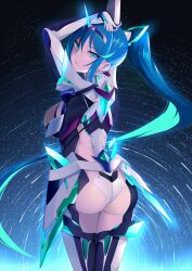 Rule 34 | 1girl, arm above head, arms up, ass, bodysuit, breasts, daive, green eyes, green hair, highres, large breasts, legs, long hair, looking at viewer, looking back, nintendo, pneuma (xenoblade), ponytail, sideboob, solo, thighs, xenoblade chronicles (series), xenoblade chronicles 2