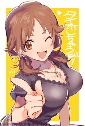 1girl black_shirt blush border breasts brown_eyes brown_hair brown_skirt cleavage collarbone dot_nose earrings from_side heart idolmaster idolmaster_cinderella_girls idolmaster_cinderella_girls_starlight_stage index_finger_raised jewelry katagiri_sanae large_breasts looking_at_viewer low_twintails necklace one_eye_closed open_mouth outside_border pointing pointing_at_viewer shirt short_hair short_sleeves simple_background skirt smile solo twintails upper_body v-shaped_eyebrows white_border yellow_background yunion_(sibujya)