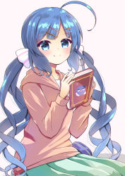 Rule 34 | 1girl, ahoge, blue eyes, blue hair, blue nails, book, commentary, elbow gloves, gloves, green skirt, hair ornament, hairclip, highres, holding, holding book, hood, hoodie, looking at viewer, mitsugushi yuu, nail polish, otomachi una, pencil case, pink background, pink hoodie, sitting, skirt, smile, solo, twintails, upper body, vocaloid