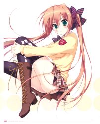 Rule 34 | 101 no hyaku monogatari, 1girl, absurdres, argyle, argyle clothes, argyle legwear, ass, black thighhighs, blush, boots, bow, brown footwear, brown hair, cross-laced footwear, green eyes, hair bow, highres, knee boots, lace-up boots, long sleeves, looking at viewer, mutsumi neo, page number, pleated skirt, ryouka (suzuya), scan, school uniform, simple background, skirt, solo, thighhighs, thighs, twintails