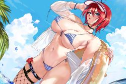 Rule 34 | 1girl, absurdres, arm up, armpits, bare shoulders, bikini, blue eyes, bracelet, breasts, cleavage, highres, innertube, jewelry, large breasts, looking at viewer, loooyd, navel, off shoulder, original, outdoors, parted lips, red hair, shirt, side-tie bikini bottom, sky, solo, striped bikini, striped clothes, swim ring, swimsuit, thigh strap, underboob, visor cap, white shirt