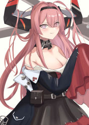 Rule 34 | 1girl, absurdres, azur lane, black dress, breasts, cleavage, cross, detached collar, dress, eyes visible through hair, hair on horn, highres, horns, huge horns, iron cross, large breasts, long horns, looking at viewer, pink hair, prinz rupprecht (azur lane), purple eyes, remapack77, simple background, sleeves past fingers, sleeves past wrists, solo, white background