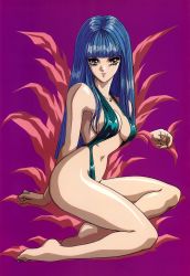 Rule 34 | 1990s (style), 1girl, aqua one-piece swimsuit, barefoot, blue hair, blunt bangs, breasts, candy (art book), full body, highres, large breasts, long hair, looking at viewer, mon mon, nail polish, navel, non-web source, one-piece swimsuit, original, purple background, purple nails, red eyes, retro artstyle, simple background, solo, swimsuit