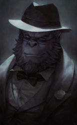 Rule 34 | absurdres, backlighting, black bow, black bowtie, black hat, black jacket, bow, bowtie, brown hair, buttons, coat, collared shirt, dress shirt, flower, formal, glasses, gorilla, grey background, hat, highres, jacket, looking at viewer, nat vitchayed, overwatch, overwatch 1, realistic, rose, shirt, smile, smug, solo, suit, tuxedo, upper body, white flower, white rose, white shirt, wing collar, winston (overwatch), yellow eyes