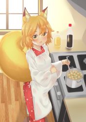 Rule 34 | 1girl, :3, animal ear fluff, animal ears, apron, blonde hair, blush, cooking, fox ears, fox girl, fox tail, from above, hand on own stomach, happy, highres, indoors, japanese clothes, kitchen, kitsune, looking at viewer, medium hair, nekonyan, open mouth, petite, pregnant, senko (sewayaki kitsune no senko-san), sewayaki kitsune no senko-san, sidelocks, smile, solo, standing, standing on object, stove, tail, yellow eyes