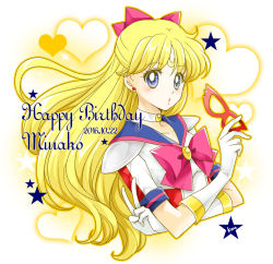 Rule 34 | 1girl, aino minako, bishoujo senshi sailor moon, blonde hair, blue eyes, blue sailor collar, bow, brooch, character name, choker, crescent, crescent facial mark, dated, earrings, facial mark, forehead mark, gloves, hair bow, half updo, happy birthday, heart, jewelry, long hair, looking at viewer, magical girl, mask, unworn mask, parted lips, pink bow, red bow, sailor collar, sailor v, sarashina kau, signature, solo, star (symbol), upper body, white background, white choker, white gloves