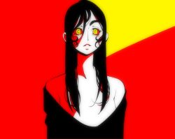 Rule 34 | 1girl, bare shoulders, black hair, black shirt, colored sclera, medium hair, original, parted lips, red background, red sclera, shirt, solo, standing, straight hair, upper body, yellow background, yellow eyes, yves bigerel