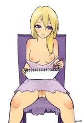 Rule 34 | 1girl, artist name, blonde hair, blue eyes, blush, breasts, chair, drawing, kingdom hearts, kingdom hearts 358/2 days, long hair, namine, nipples, no panties, pencil, pussy, rasp, sitting, sketchbook, small breasts, smile, solo, spread legs, uncensored, upskirt