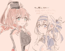 Rule 34 | 10s, 2girls, ainu clothes, black dress, blue eyes, breast pocket, brown hair, dress, folded ponytail, headband, height difference, itomugi-kun, kamoi (kancolle), kantai collection, long hair, multiple girls, neckerchief, pocket, ponytail, red neckerchief, remodel (kantai collection), saratoga (kancolle), side ponytail, sidelocks, thick eyebrows, trait connection, translation request, white hair
