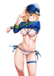 Rule 34 | 1girl, ahoge, artoria pendragon (fate), baseball cap, bikini, blonde hair, blue eyes, blue hat, blue jacket, blush, breasts, cleavage, closed mouth, cropped jacket, fate/grand order, fate (series), hair between eyes, hair through headwear, hat, highres, jacket, long hair, looking at viewer, medium breasts, mysterious heroine x (fate), mysterious heroine xx (fate), navel, one eye closed, ponytail, shrug (clothing), side-tie bikini bottom, simple background, smile, solo, stretching, swimsuit, thigh strap, thighs, white background, white bikini, wristband, zaregoto tsukai no deshi, zipper pull tab