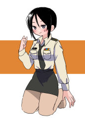 Rule 34 | 1girl, absurdres, black eyes, black hair, black necktie, blush, brown pantyhose, chouno ami, closed mouth, commentary, dress shirt, full body, girls und panzer, green skirt, highres, japan ground self-defense force, japan self-defense force, kneeling, long sleeves, looking to the side, loose necktie, military, military uniform, miniskirt, name tag, necktie, no shoes, pantyhose, pencil skirt, ri (qrcode), shirt, short hair, skirt, smile, solo, sweatdrop, swept bangs, uniform, white shirt, wing collar