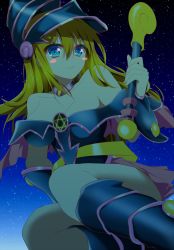 Rule 34 | 1girl, arm guards, bare shoulders, blonde hair, blue eyes, blush stickers, boots, breasts, choker, cleavage, collarbone, dark magician girl, detached sleeves, duel monster, eyelashes, hat, knee boots, long hair, looking at viewer, night, night sky, nonohachi, outdoors, pink skirt, skirt, sky, smile, solo, star (sky), starry sky, symbol, wand, witch hat, yu-gi-oh!, yuu-gi-ou, yu-gi-oh! duel monsters