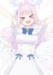 Rule 34 | &gt; &lt;, 1girl, :d, angel wings, armpit peek, blue archive, blue bow, blue bowtie, blush, bow, bowtie, breasts, buttons, capelet, cowboy shot, dress, emphasis lines, flower, hair bun, hair flower, hair ornament, hair ribbon, halo, head tilt, highres, large breasts, long hair, low wings, mika (blue archive), nagami yuu, open mouth, outstretched arms, pink hair, purple flower, raised eyebrows, ribbon, simple background, single side bun, sleeveless, sleeveless dress, smile, solo, very long hair, white background, white capelet, white dress, white ribbon, wing ornament, wings, xd