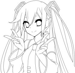 Rule 34 | 1girl, bad id, bad pixiv id, detached sleeves, double v, greyscale, hair ornament, hatsune miku, imouto (takahashisan), lineart, long hair, monochrome, necktie, simple background, smile, solo, twintails, v, very long hair, vocaloid