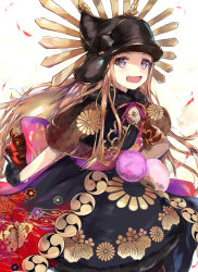 Rule 34 | 1girl, :d, asa no ha (pattern), black dress, black gloves, black hat, blush, brown capelet, brown hair, capelet, chacha (fate), commentary request, dress, fate/grand order, fate (series), floral print, fur collar, gloves, hanagin, hat, highres, long hair, looking at viewer, open mouth, print dress, purple eyes, see-through, smile, solo, very long hair