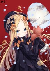 Rule 34 | 1girl, abigail williams (fate), black bow, black dress, black hat, blonde hair, blue eyes, blue sky, blush, bow, closed mouth, cloud, commentary request, dress, fate/grand order, fate (series), forehead, hair bow, hat, highres, holding, holding stuffed toy, key, keyhole, kkumon, long hair, long sleeves, looking at viewer, looking to the side, orange bow, parted bangs, petals, polka dot, polka dot bow, red background, signature, sky, sleeves past wrists, solo, stuffed animal, stuffed toy, sunlight, teddy bear, very long hair, window