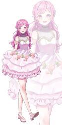 Rule 34 | 1girl, absurdres, alternate costume, alternate hairstyle, bare shoulders, blush, breasts, dress, flower, frills, full body, hair ornament, hairclip, high heels, highres, long hair, medium breasts, ootori emu, open mouth, pink hair, project sekai, rose, shoes, sleeveless, smile, ssiiiiiik, standing, white background, white flower